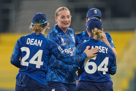 Sophie Ecclestone celebrates the wicket of Hasini Perera
