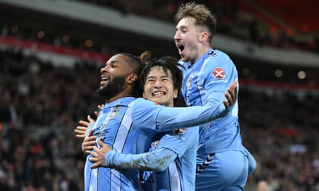 Kasey Palmer of Coventry City celebrates scoring their third goal.