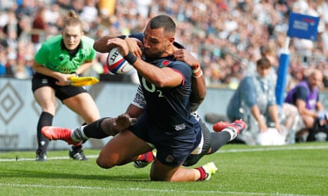 England's centre Joe Marchant scores a try during the pre-2023 World Cup warm-up rugby union match between England and Fiji at Twickenham.