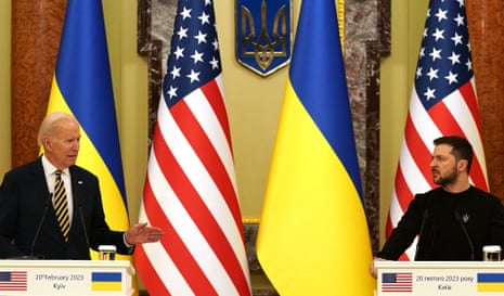 Biden holds a joint press conference with Zelenskiy (R) during an unannounced visit in Kyiv.