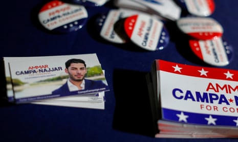 Campaign materials are displayed at an event for Ammar Campa-Najjar, a candidate for California’s 50th district congressional race.