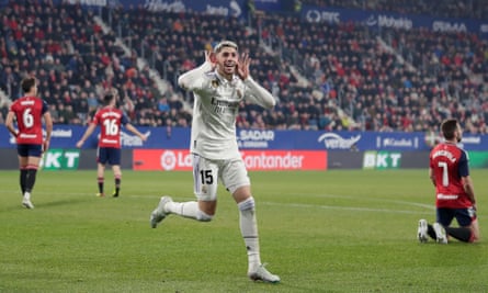 Federico Valverde celebrates after breaking the deadlock for Real Madrid against Osasuna, scoring in the 78th minute as Real went on to win 2-0.
