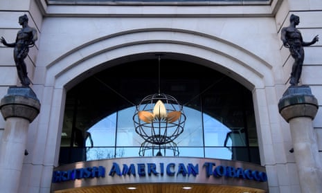Signage is seen at the London offices of British American Tobacco in London