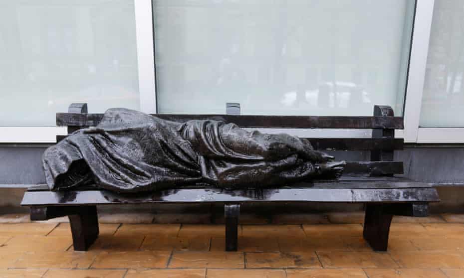 Canadian sculptor Tim Schmalz’s statue Homeless Jesus in Toronto. In Toronto and the surrounding area, ‘for every bedroom that a household actually needs, there’s almost six empty bedrooms’.
