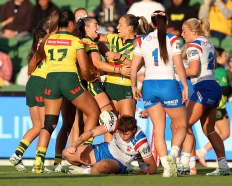 AustraliaâÂÂs Isabelle Kelly celebrates a try as the Jillaroos crush England in their 2026 womenâÂÂs Rugby League World Cup clash at HBF Park in Perth