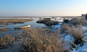 view of snowy coast and water, Brancaster Staithe