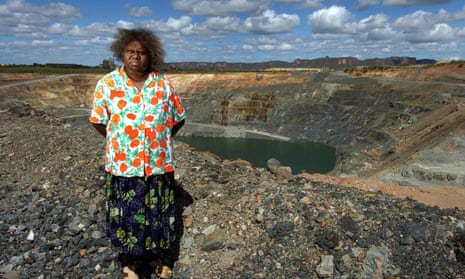 Senior traditional owner Yvonne Margarula of the Mirarr people stands in front of the Ranger uranium mine’s pit number three in Kakadu National Park.