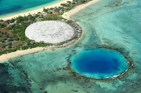 An aerial view of ‘the Tomb’, the concrete-covered crater on Runit Island that  conceals more than 90,000 cubic metres of radioactive soil and nuclear waste