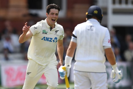 Will O'Rourke of New Zealand celebrates after dismissing Joe Root