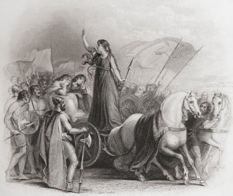 A black and white illustration of Boudicca on a chariot making a speech from 1859.
