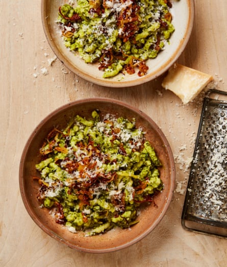 Yotam Ottolenghi’s passatelli with kale pesto and caramelised shallots.