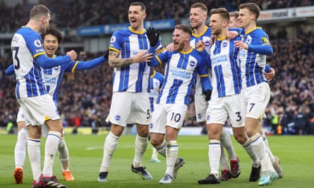 Brighton celebrate after scoring in a 4-0 win against West Ham