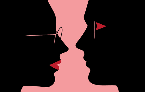 Silhouettes of two faces against a pink background, one with glasses and red lips, the other with a red flag by their eye