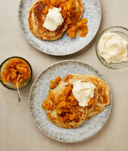 Yotam Ottolenghi’s crempogau with persimmon compote and creme fraiche.