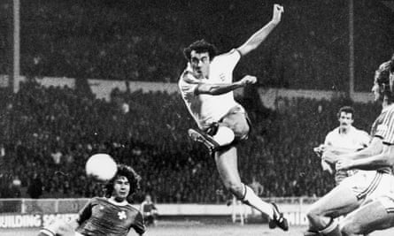 Ray Kennedy unleashing a powerful shot during an England v Switzerland match at Wembley in 1977.