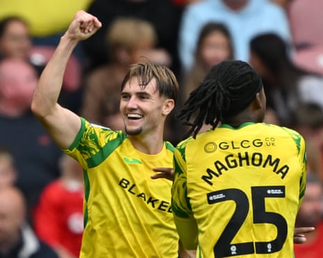 Norwich’s Jacob Wright (left) celebrates after scoring against Middlesbrough on Saturday.