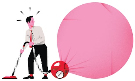 Man vacuuming into big pink balloon