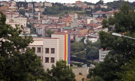 A rainbow flag adorns the side of the US embassy in Istanbul