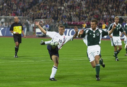 Michael Owen scores as England triumph in Germany in September 2001. The English striker finished the year off with the Ballon d’Or.