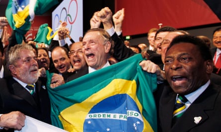 Brazil’s President Lula da Silva, Rio 2016 president Carlos Nuzman and football legend Pele celebrate in Cophenhagen in 2009 after Rio won its Olympic bid