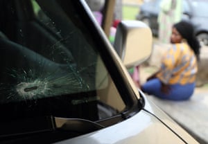 A windscreen of a car is pierced by bullet in Abuja, Nigeria where armed men abducted six people from a university.