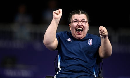 Aurelie Aubert celebrates after winning gold in the BC1 boccia final