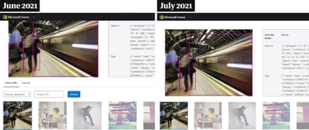 Screenshots of Microsoft’s platform in June 2021 (left), and in July 2021 (right). In the first version, there is a button to upload any photo and test the technology, which has disappeared in the later version.