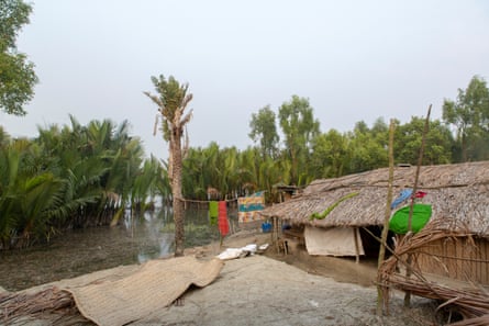 A thatched cottage on a mudflat barely out of the water with palm trees in the background