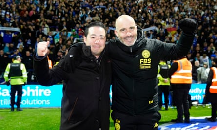 The Leicester chairman Aiyawatt Srivaddhanaprabha and manager Enzo Maresca celebrate in front of the club’s fans at Deepdale.