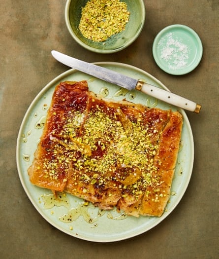 Yotam Ottolenghi’s feta and kaymak katmer with pistachios and lemon syrup.