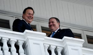 Panama’s President Juan Carlos Varela, left, and the US secretary of state Mike Pompeo talk on a balcony after a meeting at the Palacio de las Garzas in October 2018.