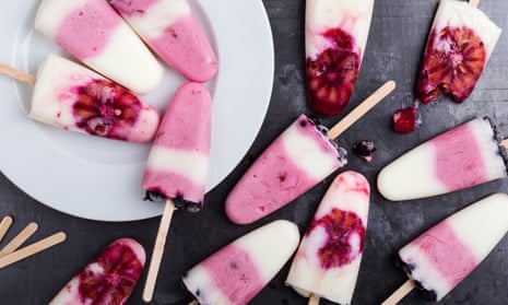 Homemade yoghurt lollies with blackcurrant and blood orange slices