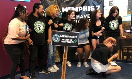 The fired Starbucks employees celebrating the result of a vote to unionise in Memphis in June.
