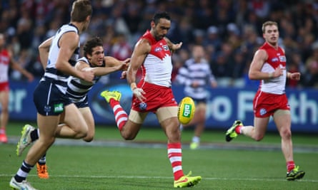 Goodes in full flight during Sydney’s round 19 clash with Geelong last year.