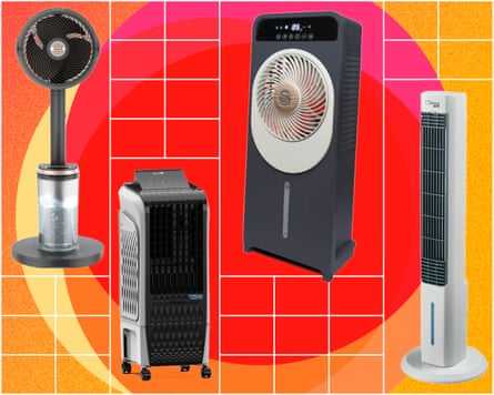 A composite of four air coolers on a red, orange and pink background with a white grid detail