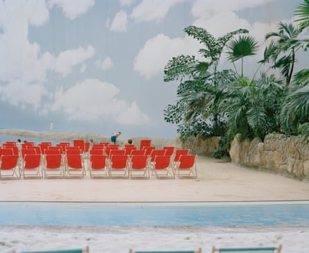 Indoor beach and rainforest at the Tropical Islands holiday resort, Krausnick, Germany.
