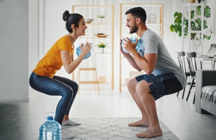 ‘Anything can be a weight: be creative with what’s around the house – a litre bottle of water is a kilogram.’ (Posed by model.)