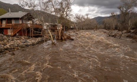 Property hit by a flash flood on the Tule River in Springville, California