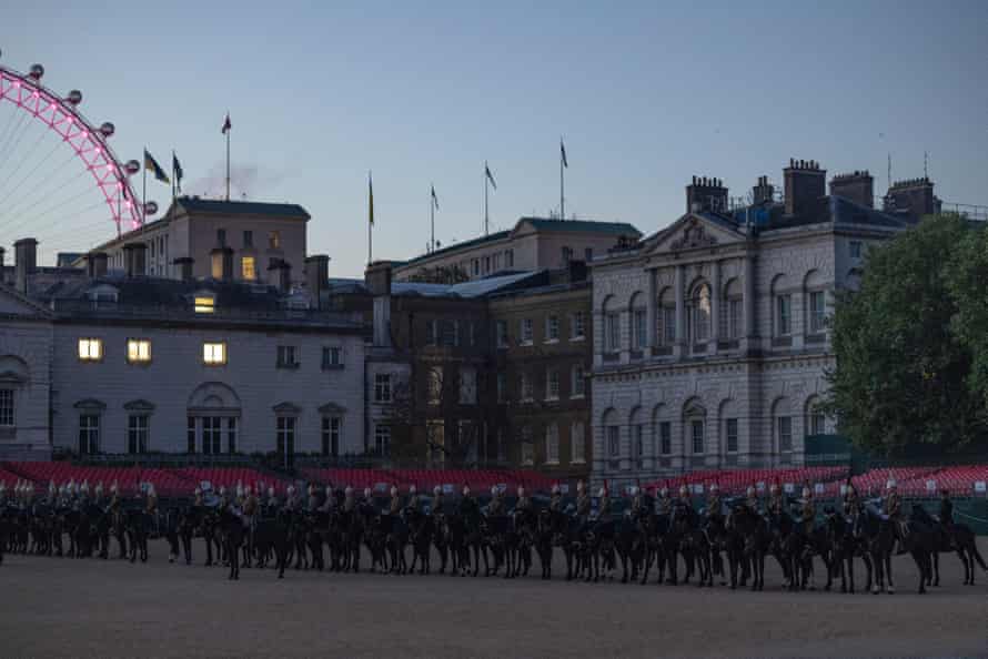 The Household Cavalry rehearsing in Horse Guards Parade at dawn this morning ahead of the State Opening of Parliament tomorrow.