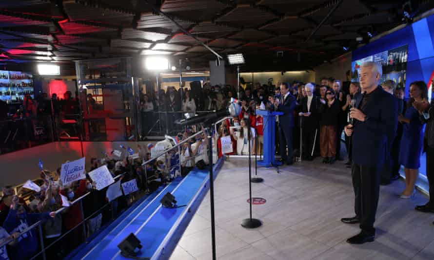 Mayor of Moscow Sergei Sobyanin addresses supporters of the United Russia party.