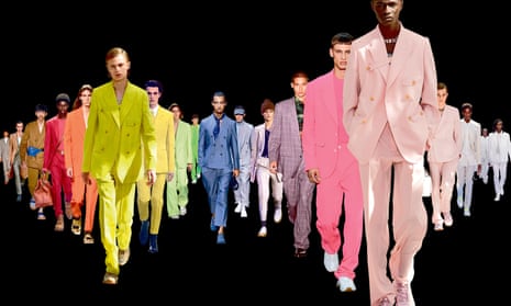 various catwalk suits arranged in a colourful line