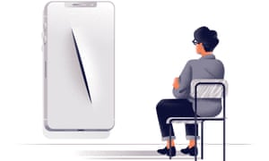 Illustration of woman sitting on a chair facing a smartphone cover with a slash in it