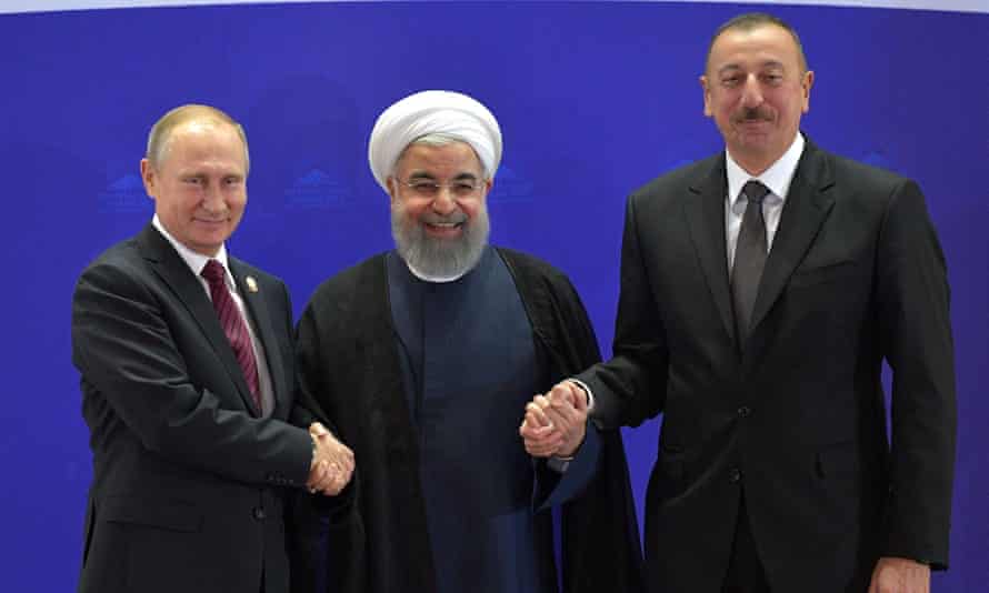 Vladimir Putin, Iranian president Hassan Rouhani and Azerbaijan’s President Ilham Aliyev in Tehran on Wednesday.