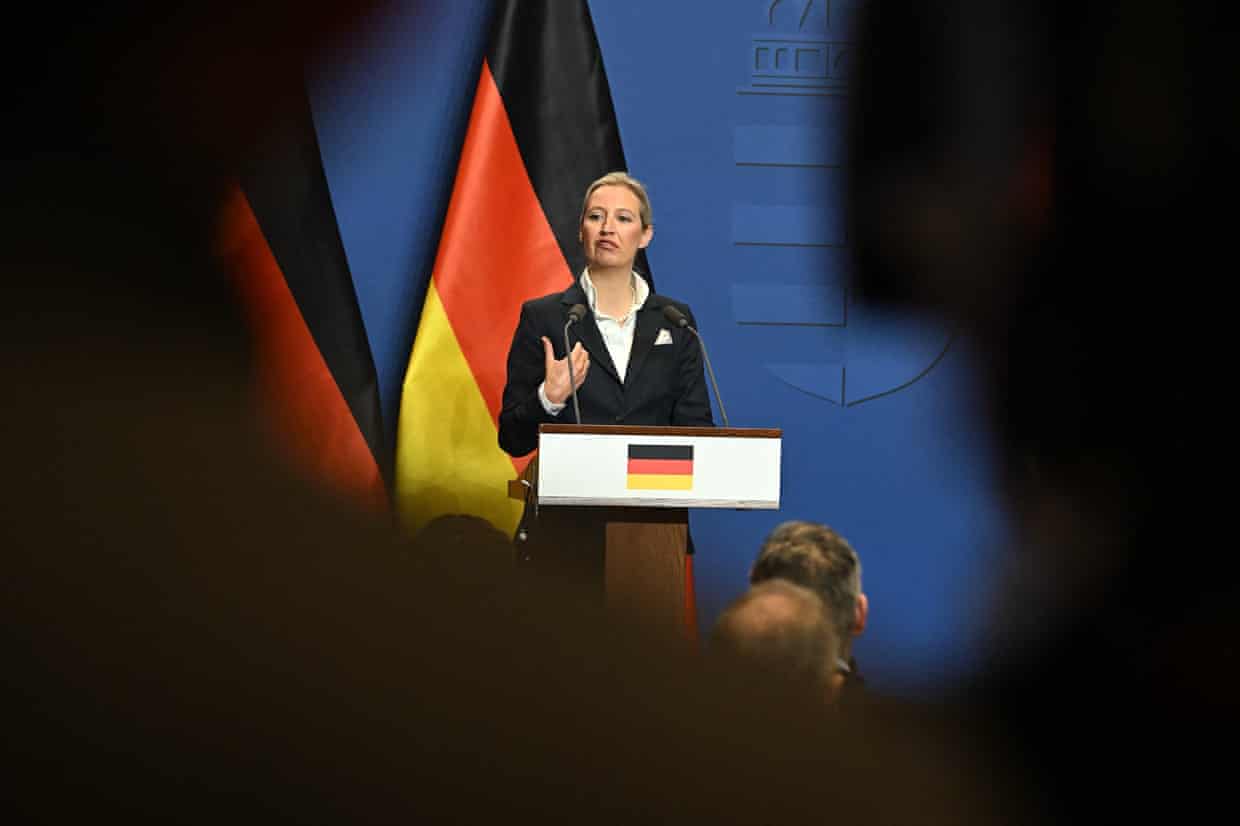 Alice Weidel gestures while speaking at a podium with microphones, flags behind her