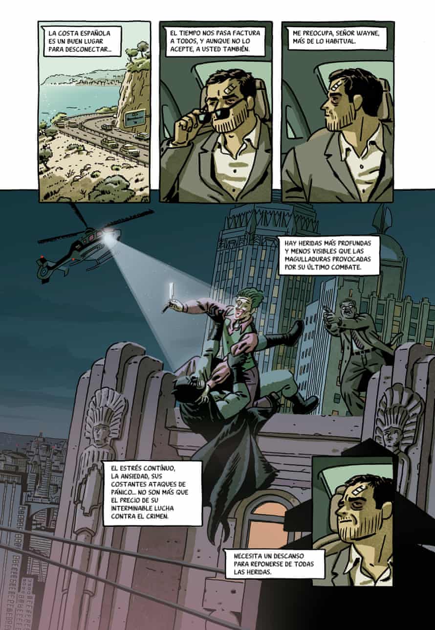 Page from the comic: Bruce Wayne in taxi out of airport.