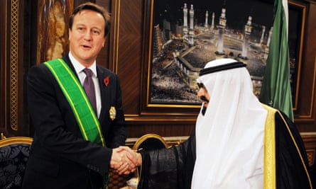 David Cameron receiving the King Abdullah Decoration One from King Abdullah of Saudi Arabia in 2012.