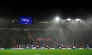 The big screen shows VAR review which results in Southampton’s Ryan Bertrand being shown a red card.