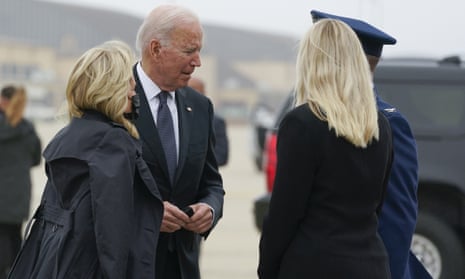 US President Joe Biden and first lady Jill Biden arrive to board Air Force One at Andrews Air Force Base, for a trip to Dover Air Force Base on Sunday.