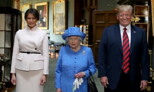 The Queen, wearing the brooch her mother wore to the funeral of King George VI, between Melania and Donald Trump at Windsor Castle.