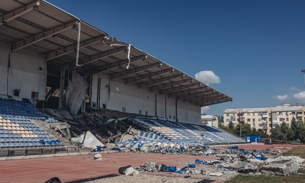 A football stadium damaged by bombing in Bakhmut.